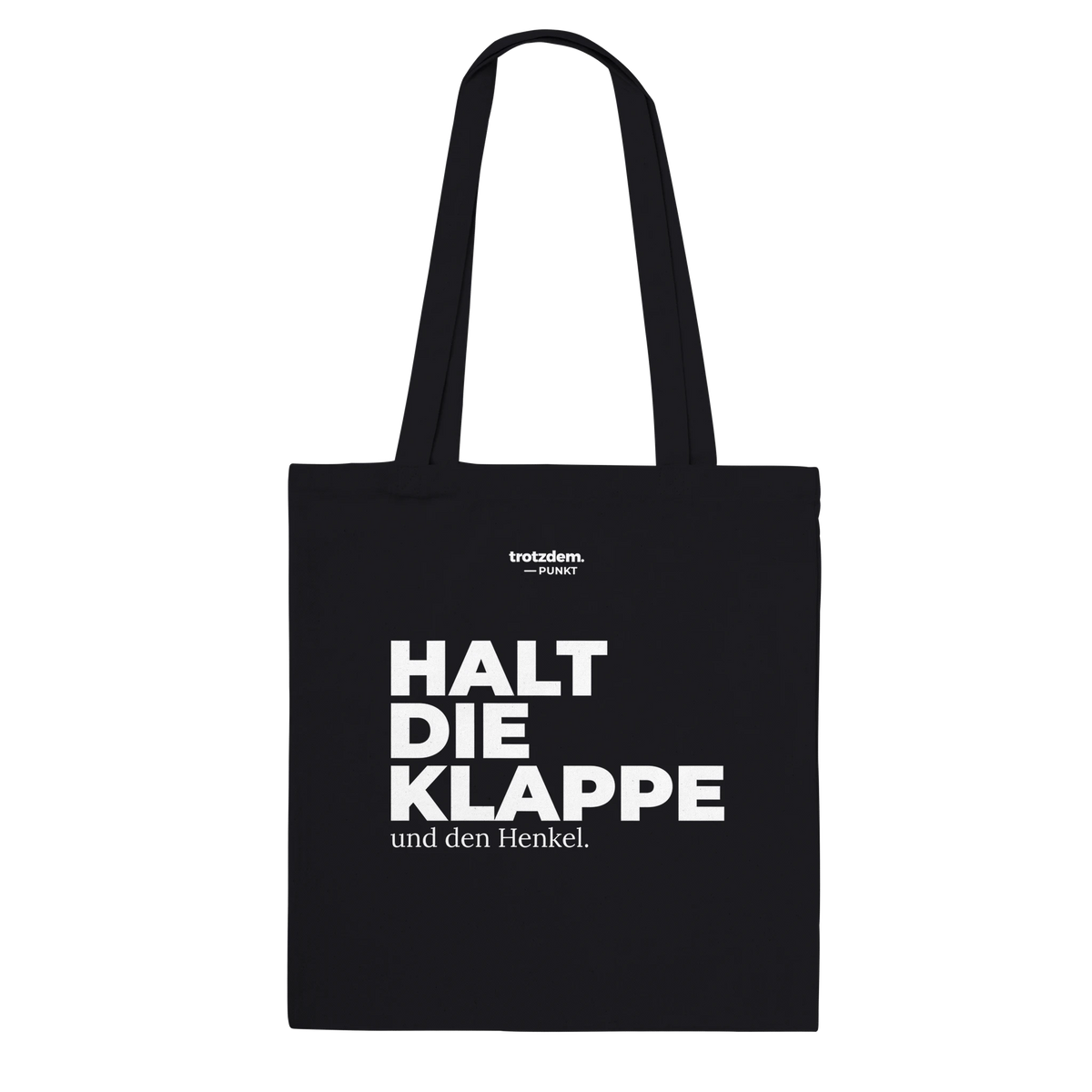Schwarzer Stoffbeutel „Halt die Klappe“ von trotzdem.punkt